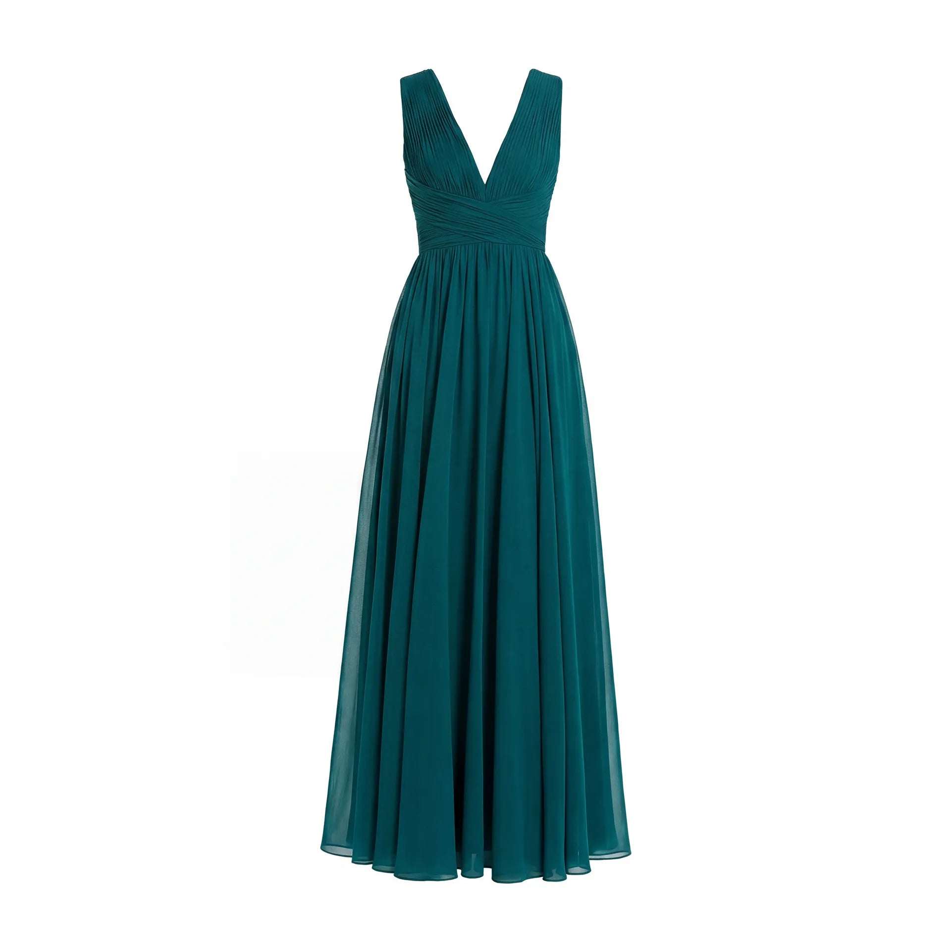 Teal Sleeveless Ruched V Neck Chiffon Gown - Image 4