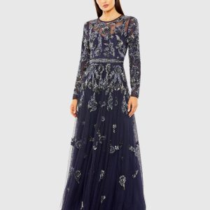 Navy Long Sleeve High Neck Floral Beaded A-line Mesh Gown - FINAL SALE