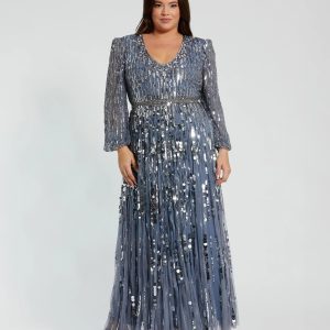 Blue Long Sleeve V-Neck Embellished Gown (Plus)