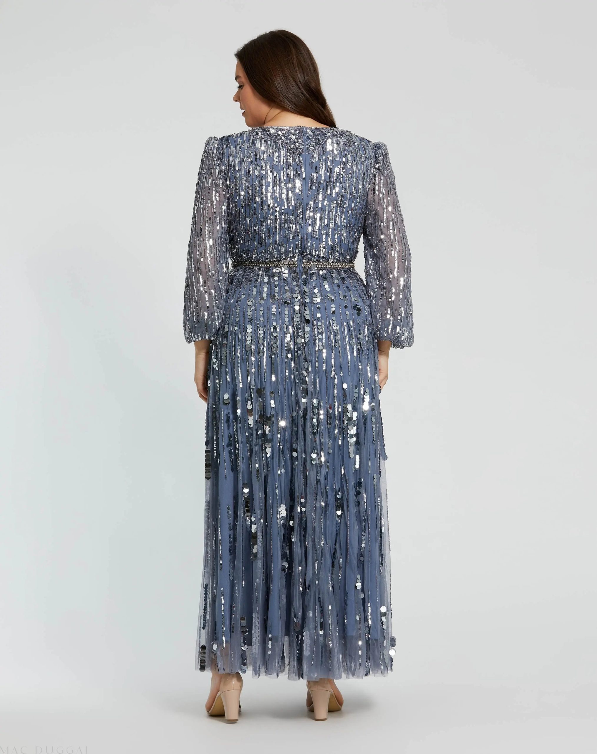 Blue Long Sleeve V-Neck Embellished Gown (Plus) - Image 3