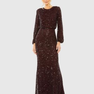 Red High Neck Long Sleeve Beaded Blouson Gown