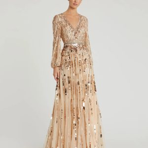 Beige Embellished Mesh Long Sleeve V Neck Gown