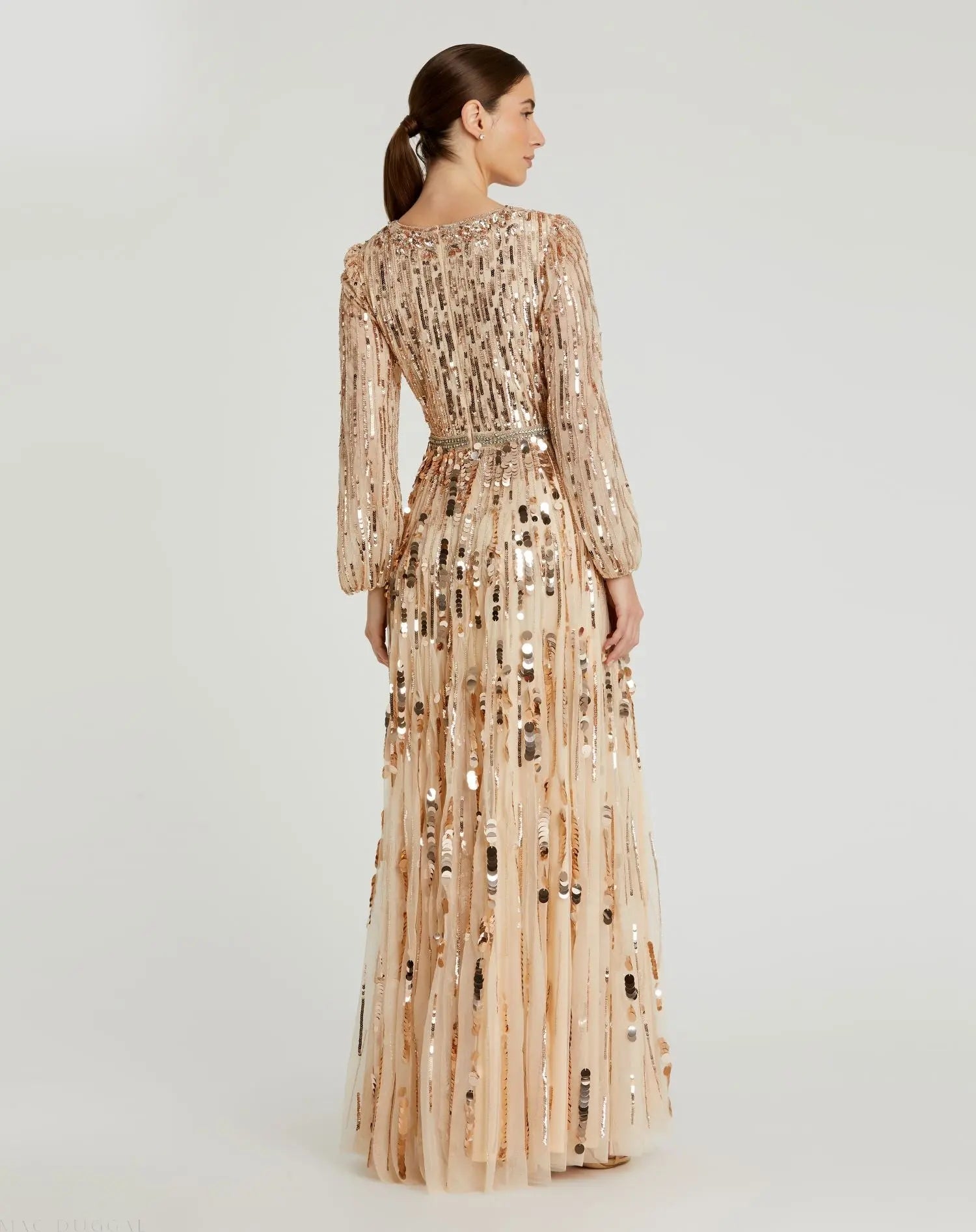 Beige Embellished Mesh Long Sleeve V Neck Gown - Image 3