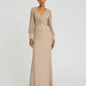 Beige Wrap Over Bishop Sleeve Gown With Pearl Beading