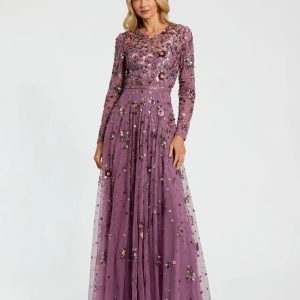 Purple Long Sleeve High Neck Beaded Gown