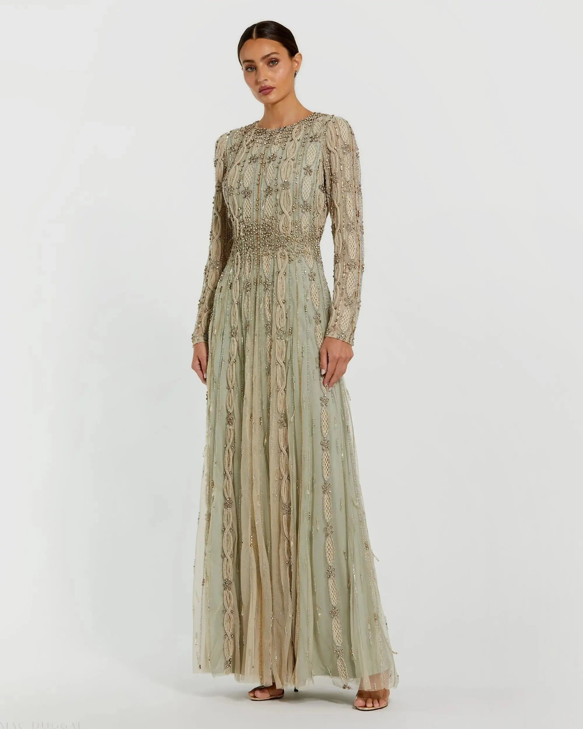Green Embellished Long Sleeve A-Line Gown - Image 4