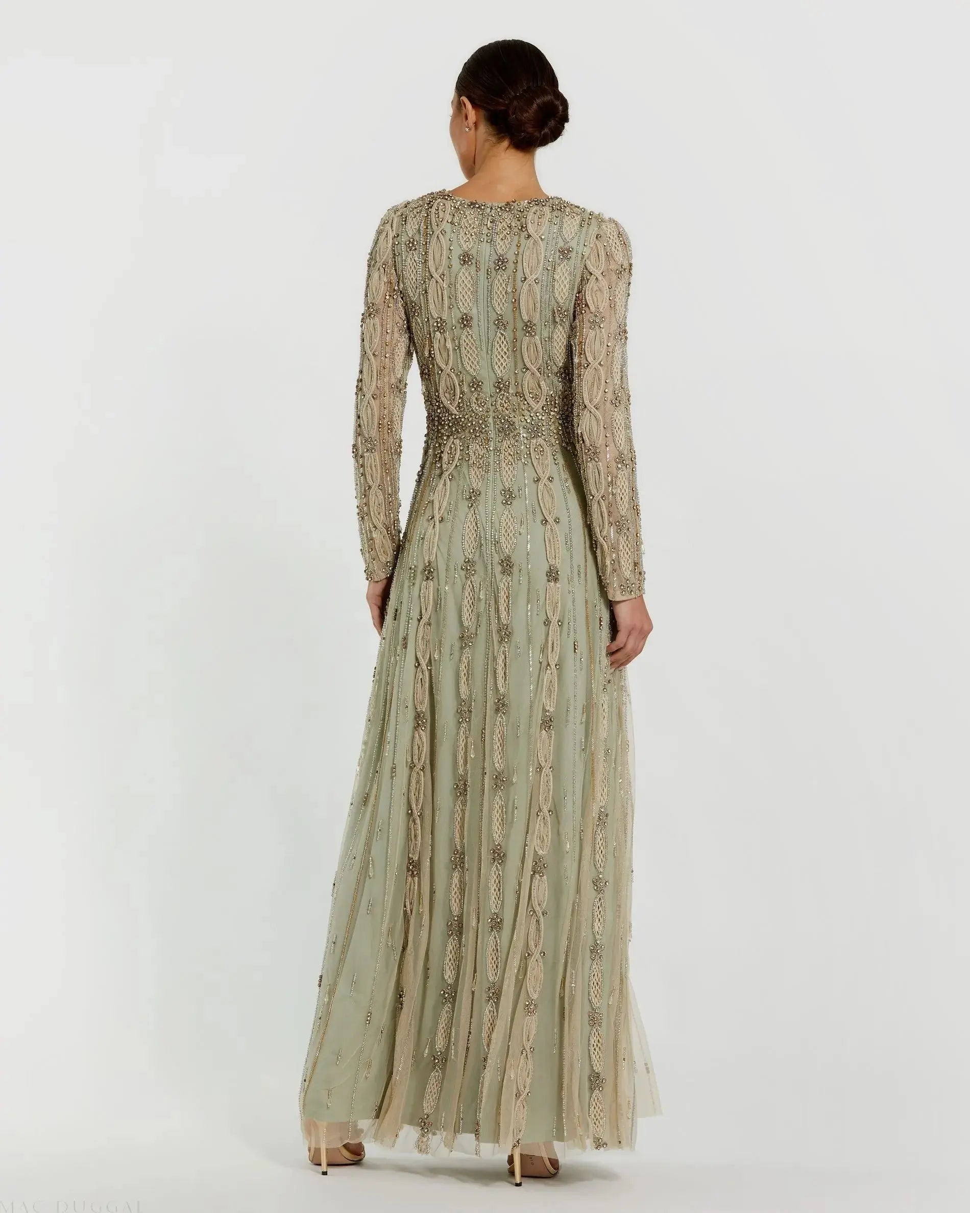 Green Embellished Long Sleeve A-Line Gown - Image 6