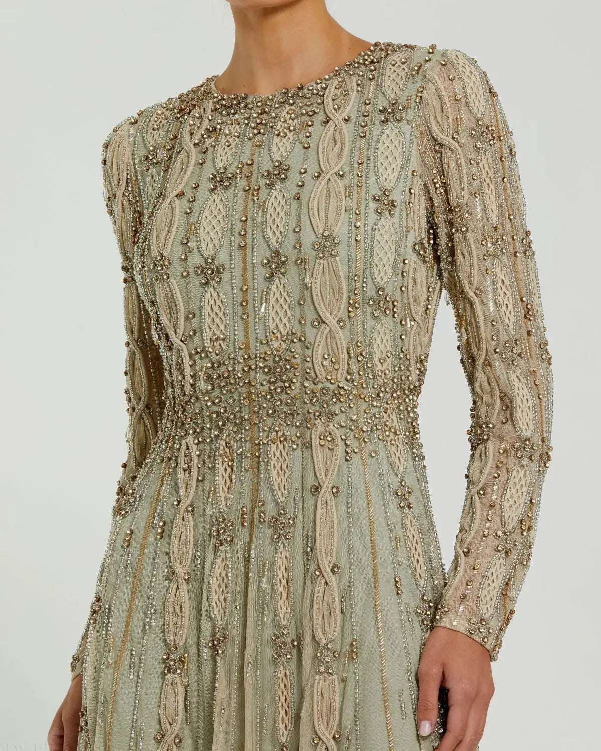 Green Embellished Long Sleeve A-Line Gown - Image 5