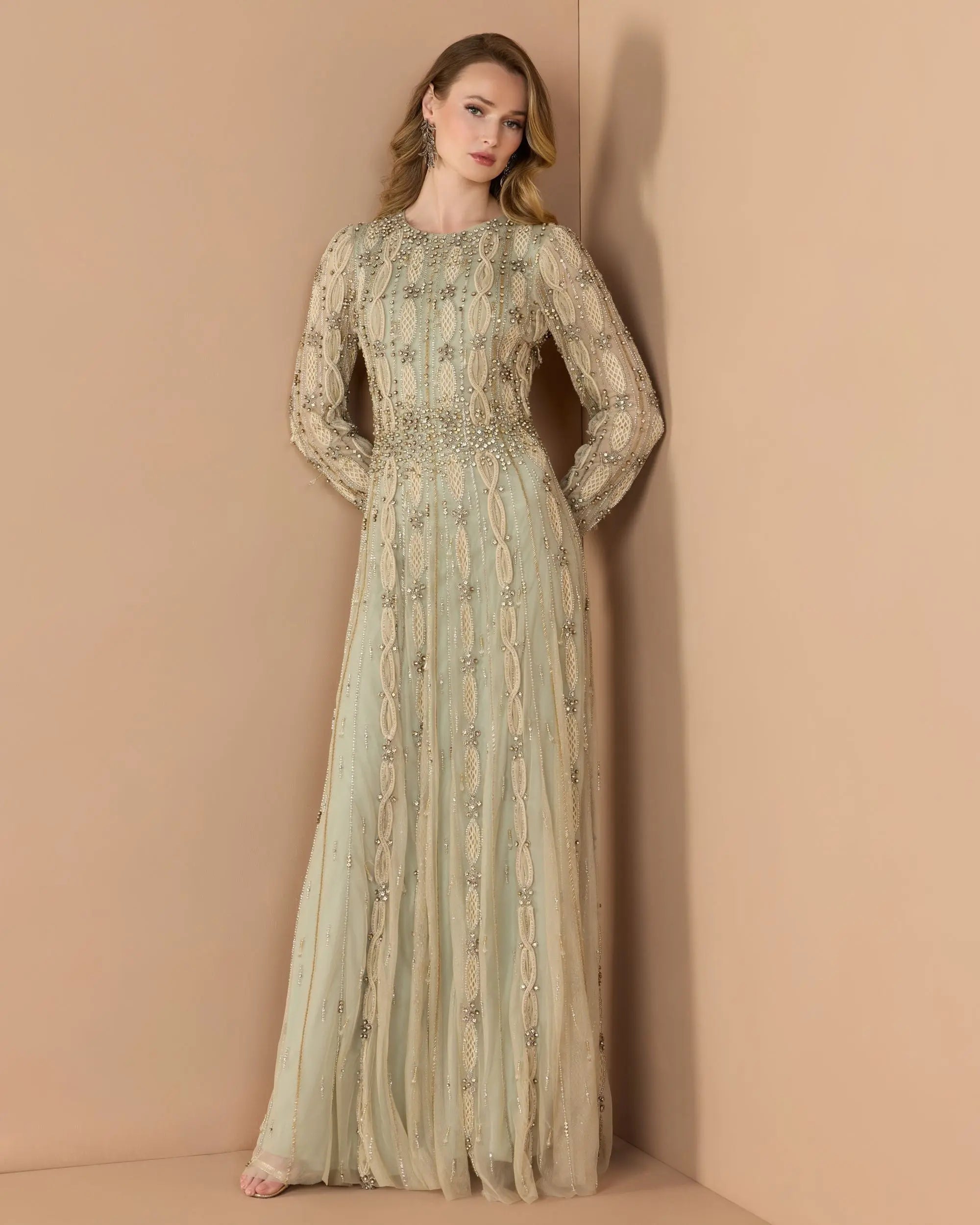 Green Embellished Long Sleeve A-Line Gown - Image 3