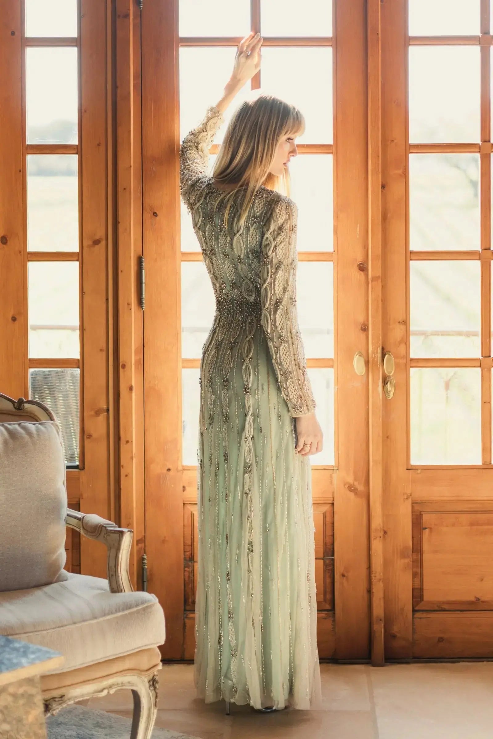 Green Embellished Long Sleeve A-Line Gown - Image 9