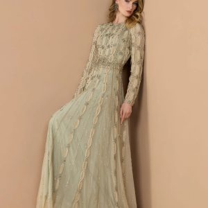 Green Embellished Long Sleeve A-Line Gown