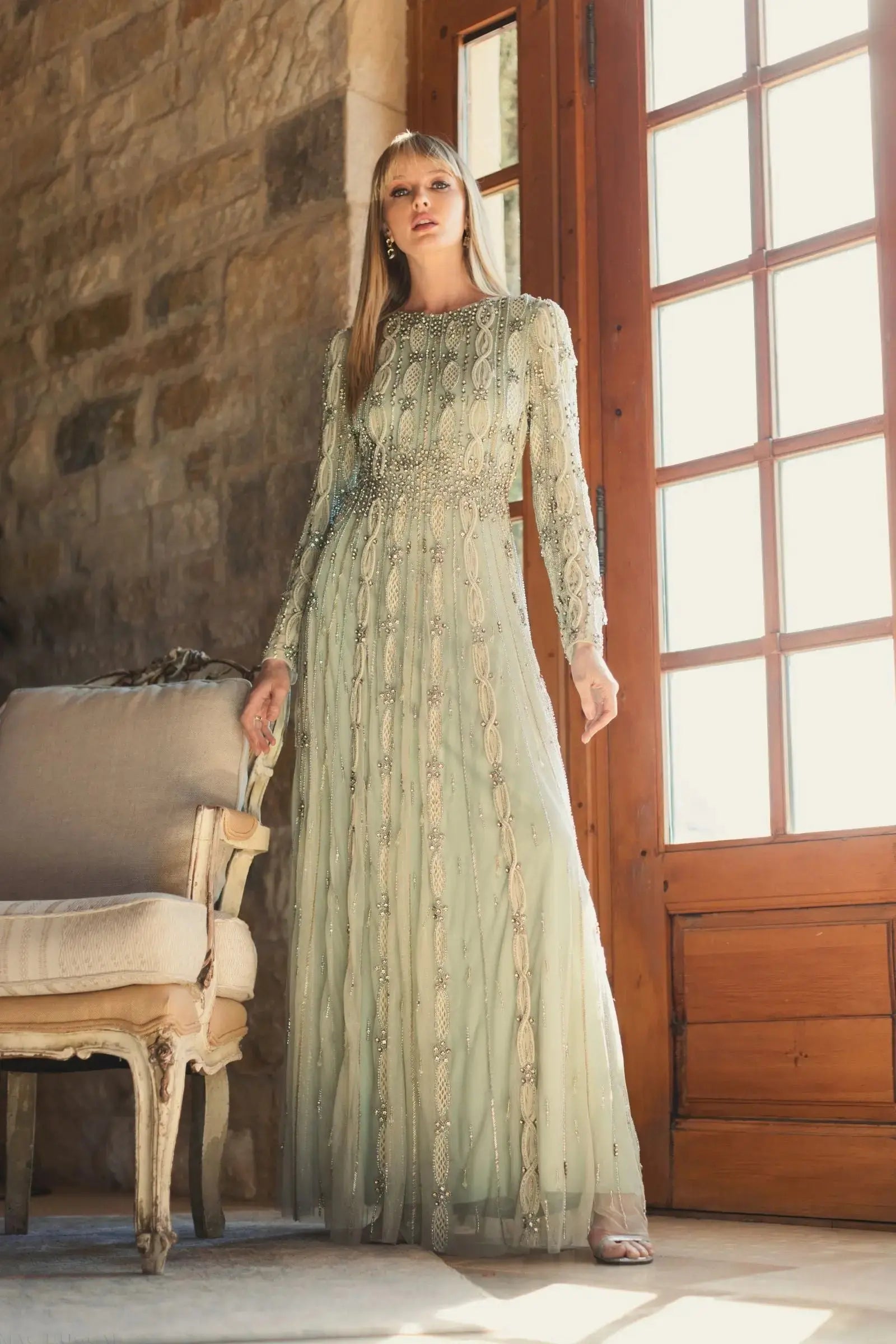 Green Embellished Long Sleeve A-Line Gown - Image 7