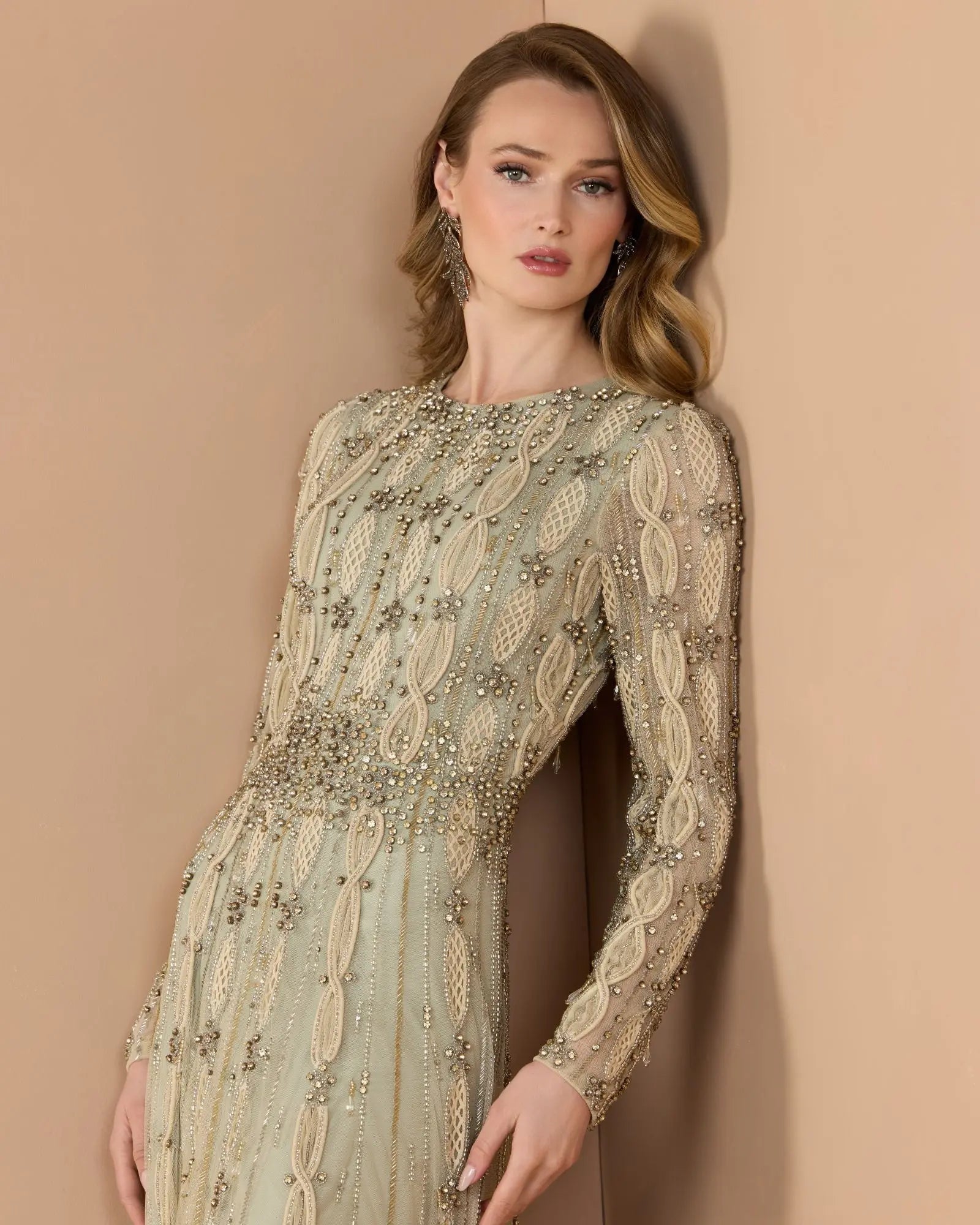 Green Embellished Long Sleeve A-Line Gown - Image 2
