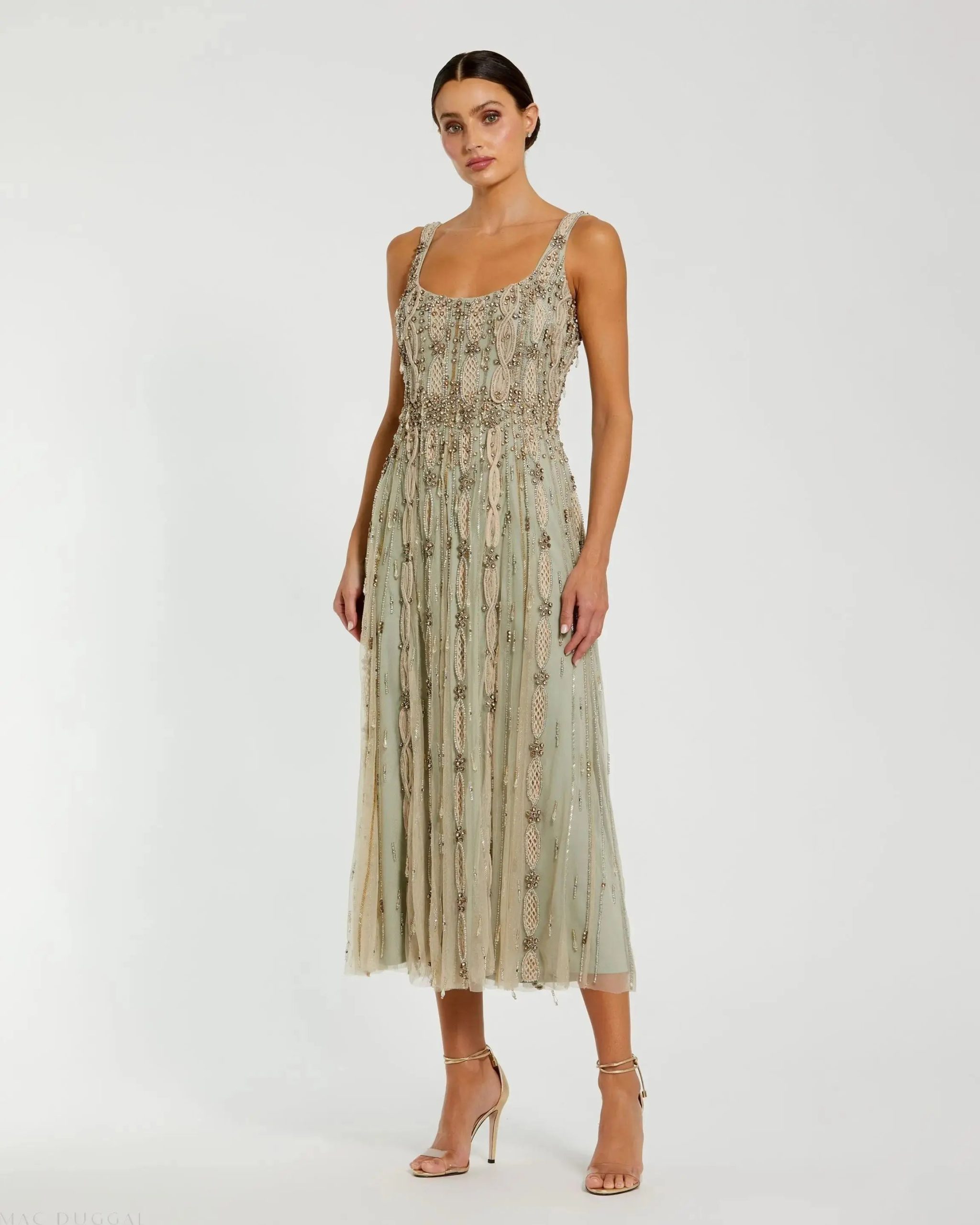 Green Sleeveless Scoop Neck Embellished Midi Dress - Image 4