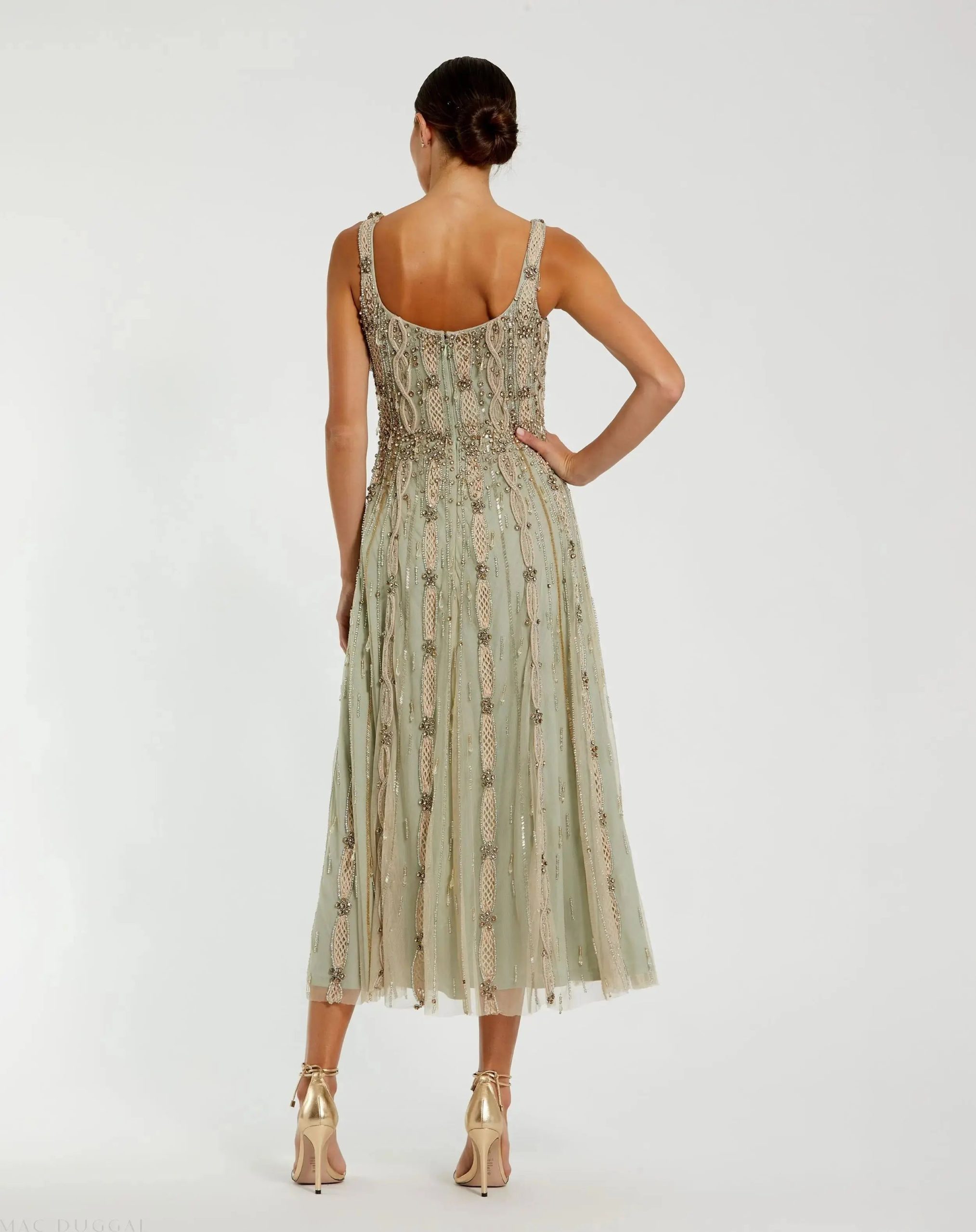 Green Sleeveless Scoop Neck Embellished Midi Dress - Image 6