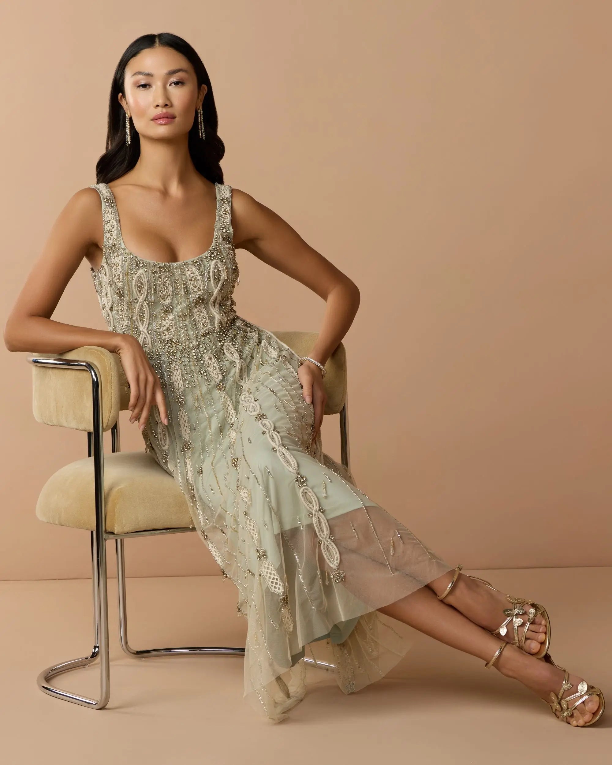 Green Sleeveless Scoop Neck Embellished Midi Dress - Image 3