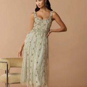 Green Sleeveless Scoop Neck Embellished Midi Dress