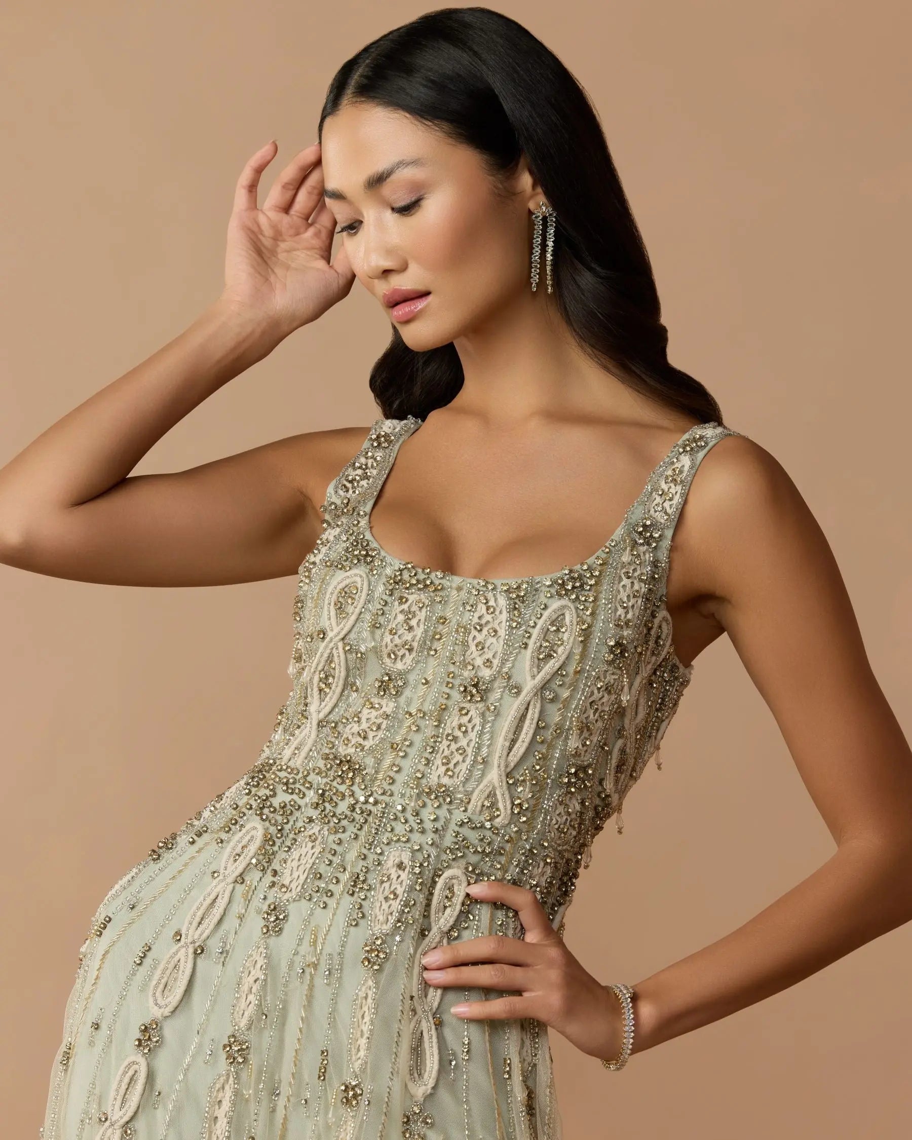 Green Sleeveless Scoop Neck Embellished Midi Dress - Image 2