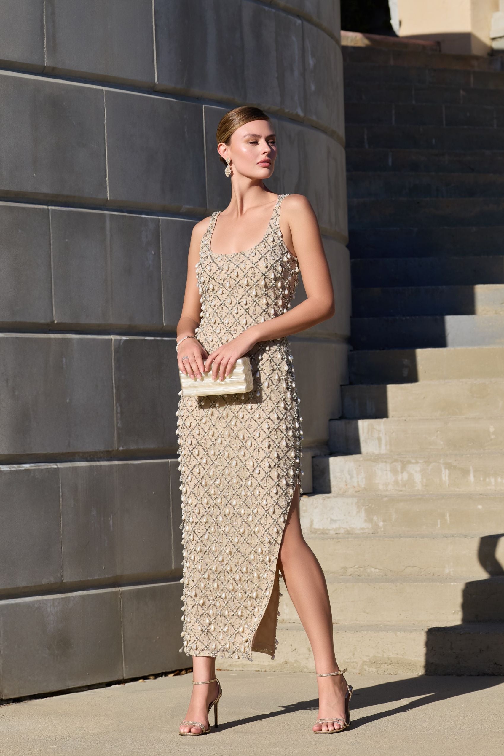 Beige Beaded Scoop Neck Midi Dress - Image 4