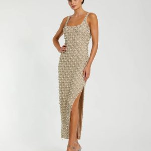 Beige Beaded Scoop Neck Midi Dress