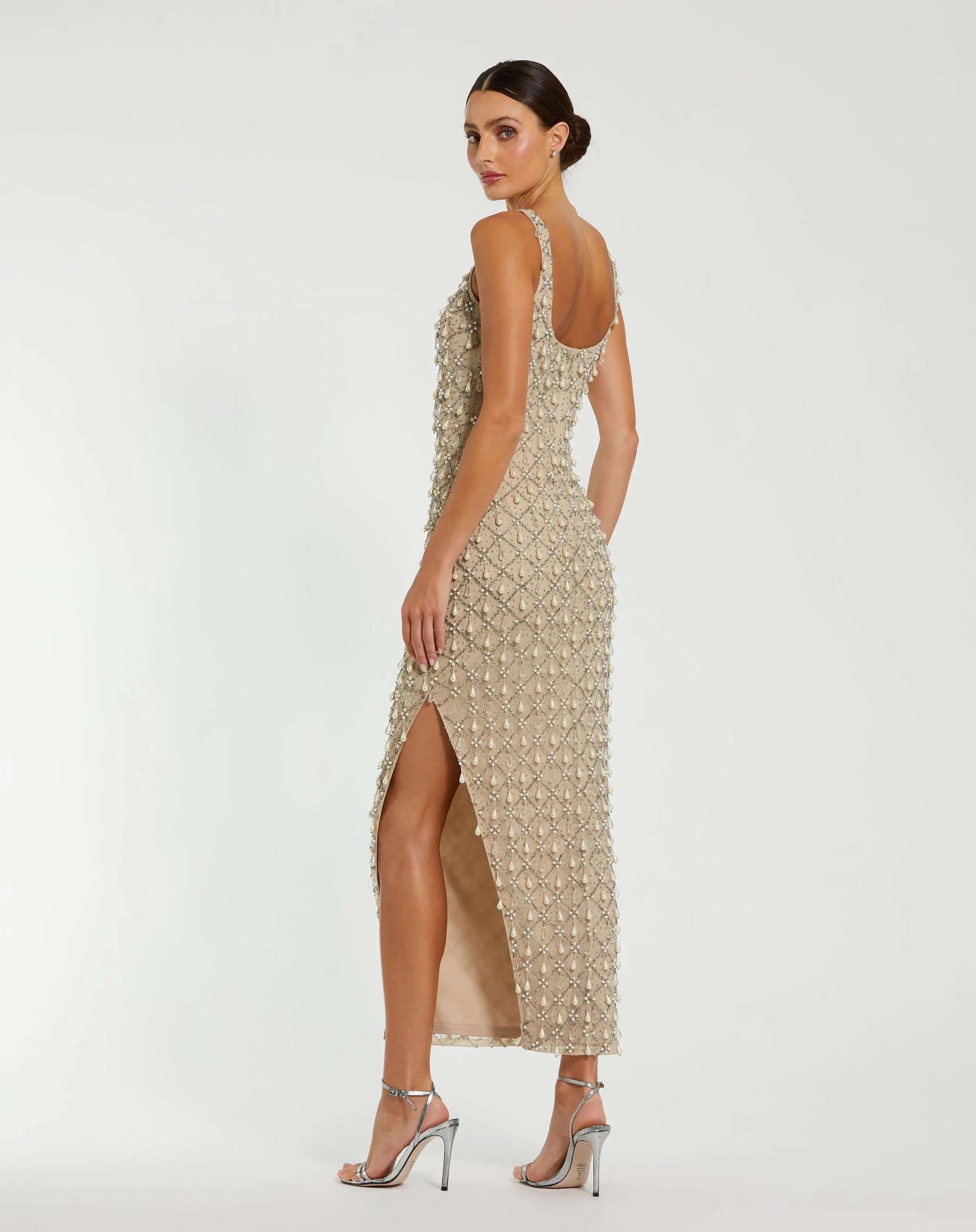 Beige Beaded Scoop Neck Midi Dress - Image 3