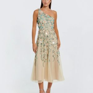 Beige Floral Embellished One Shoulder Midi Dress