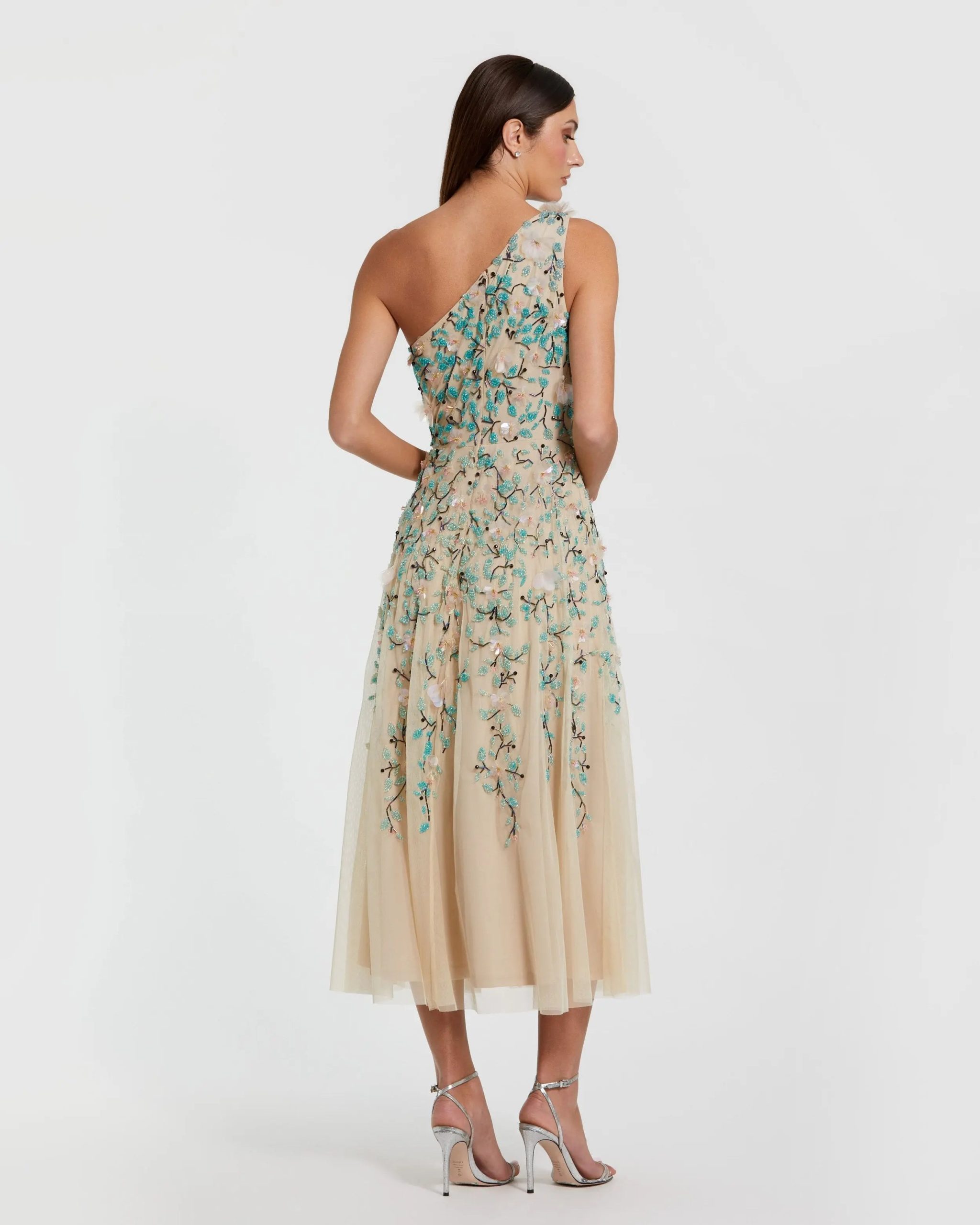 Beige Floral Embellished One Shoulder Midi Dress - Image 3