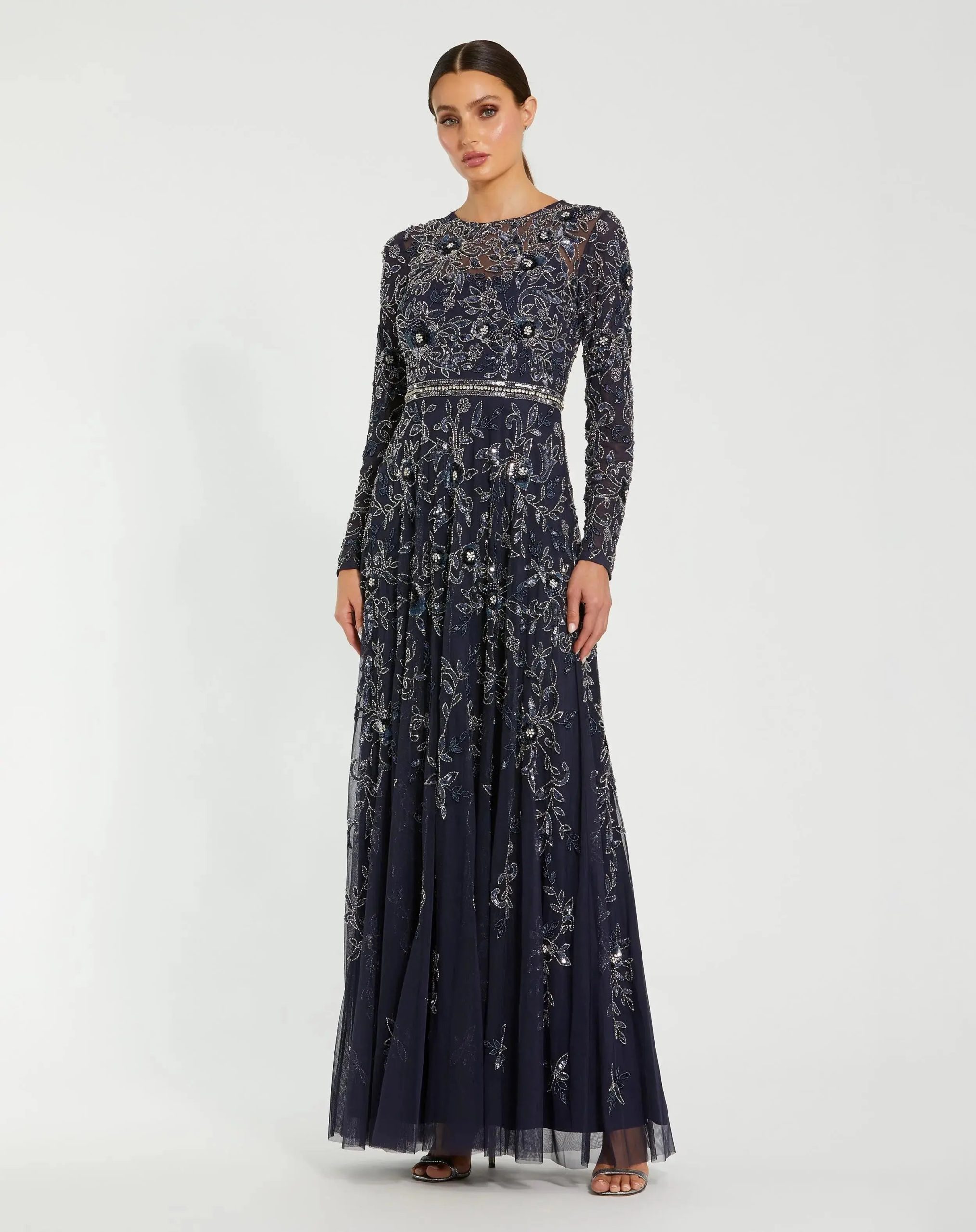 Long Sleeve Floral Embellished A-line Gown - Image 2