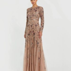 Long Sleeve Floral Embellished A-line Gown