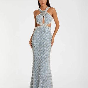 Blue Pearl Embellished Open Back Gown