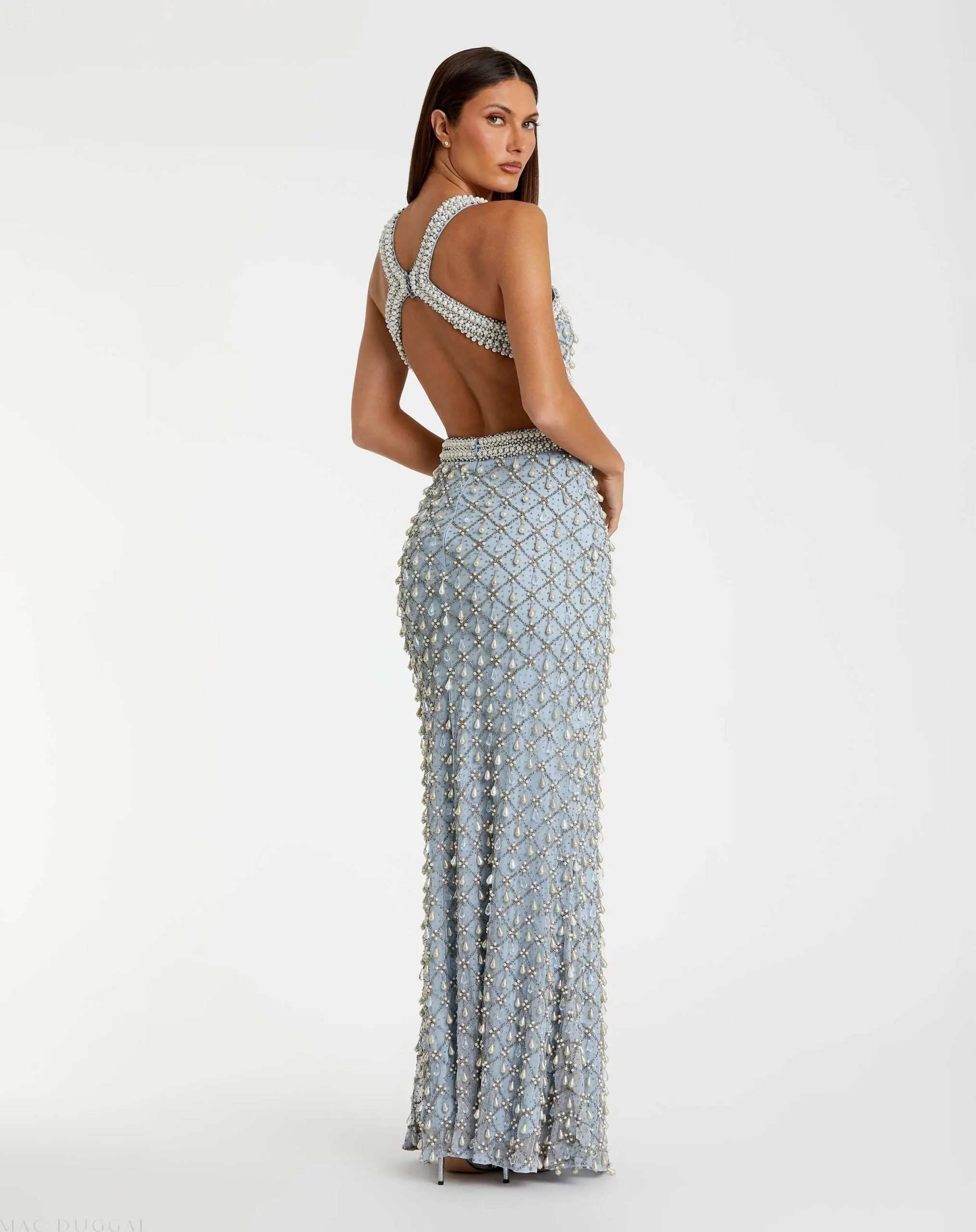 Blue Pearl Embellished Open Back Gown - Image 2