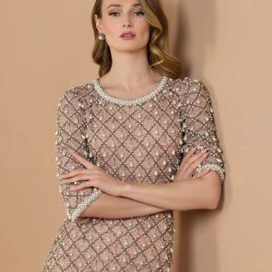 Pink Pearl Embellished 3/4 Sleeve Gown