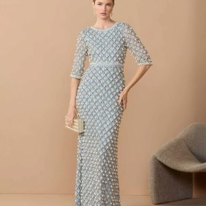 Blue Pearl Embellished 3/4 Sleeve Gown