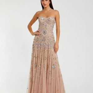 Pink Strapless Sweetheart Embellished Net Gown