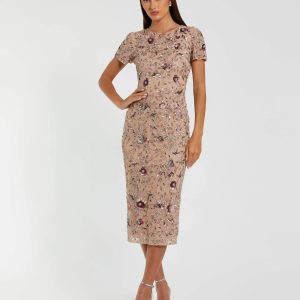 Beige Floral Embellished Short Sleeve Midi Dress