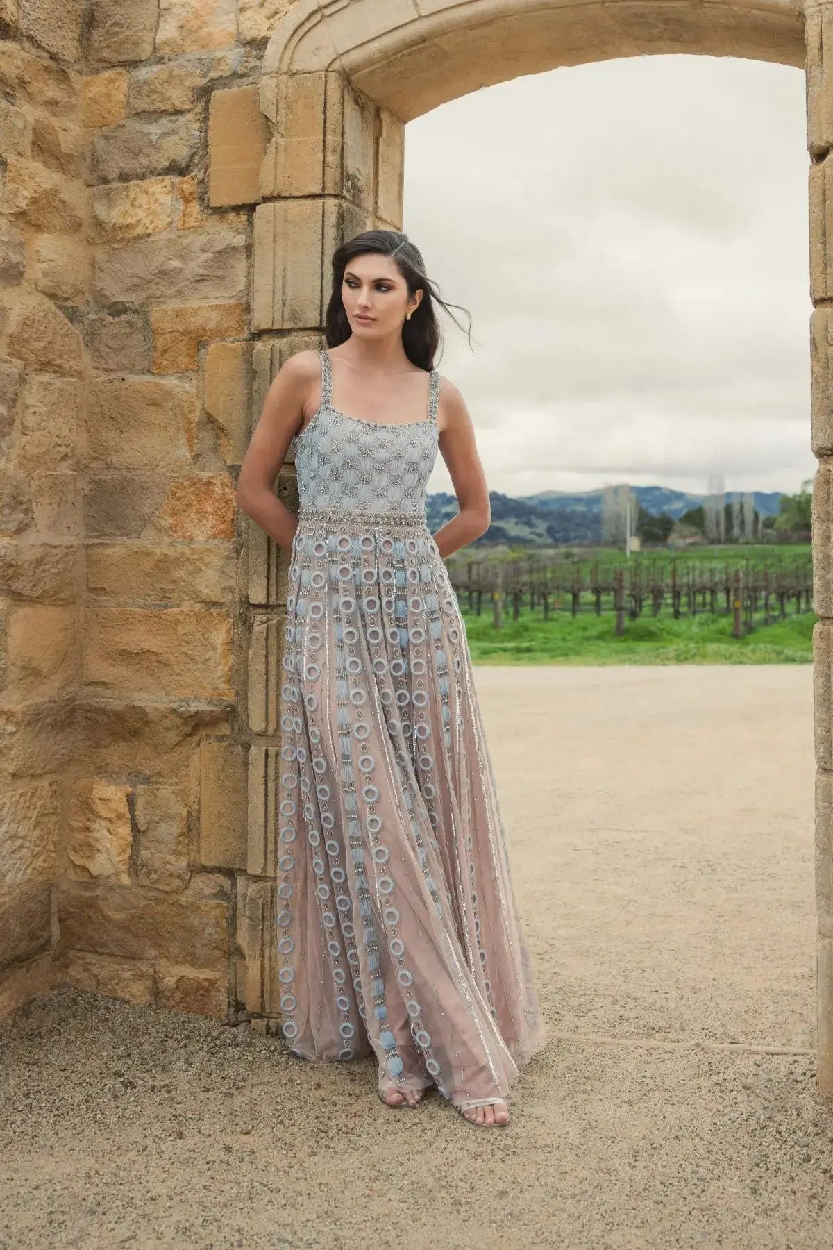 Light Blue Sleeveless Embellished A-line Gown - Image 7