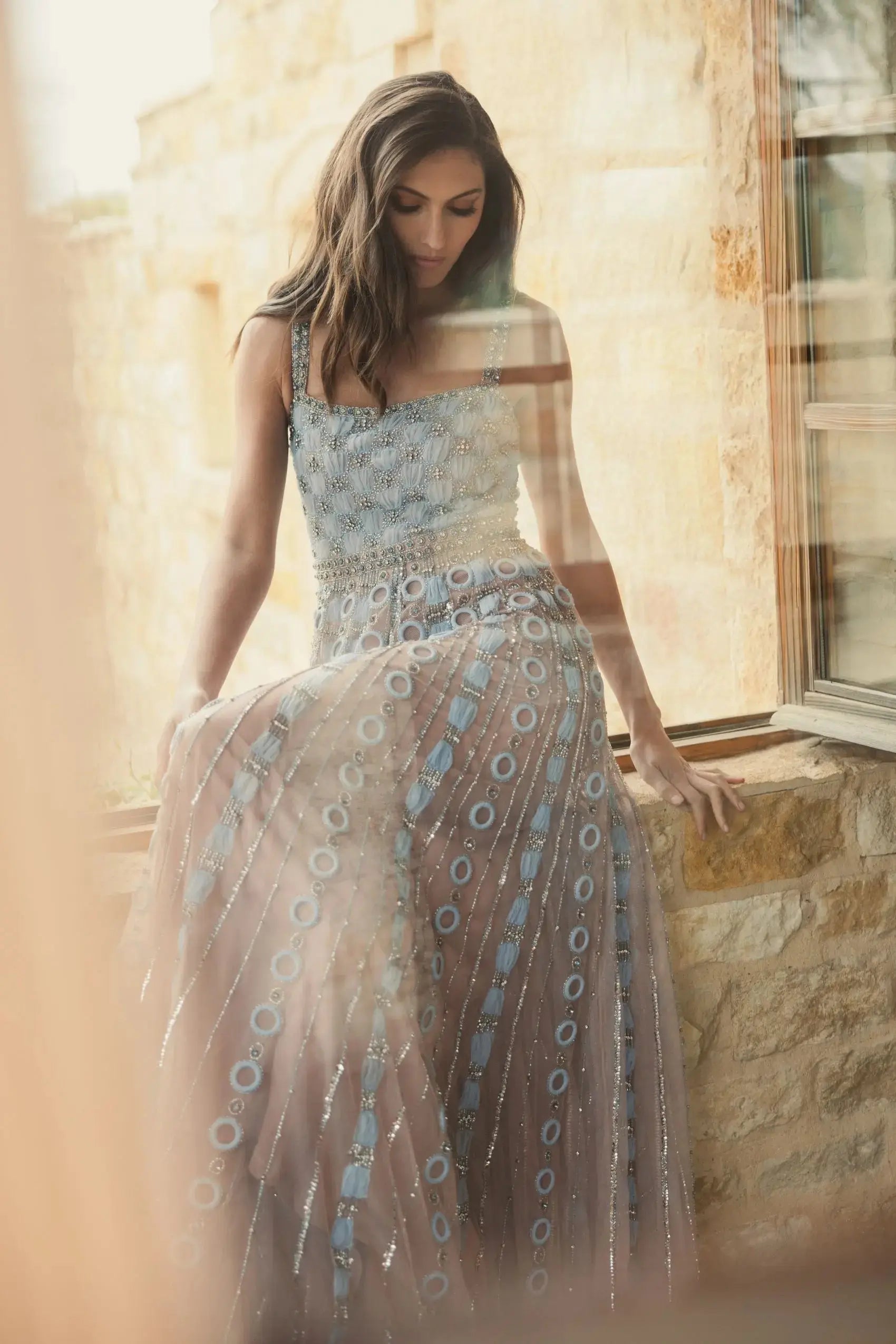 Light Blue Sleeveless Embellished A-line Gown - Image 8