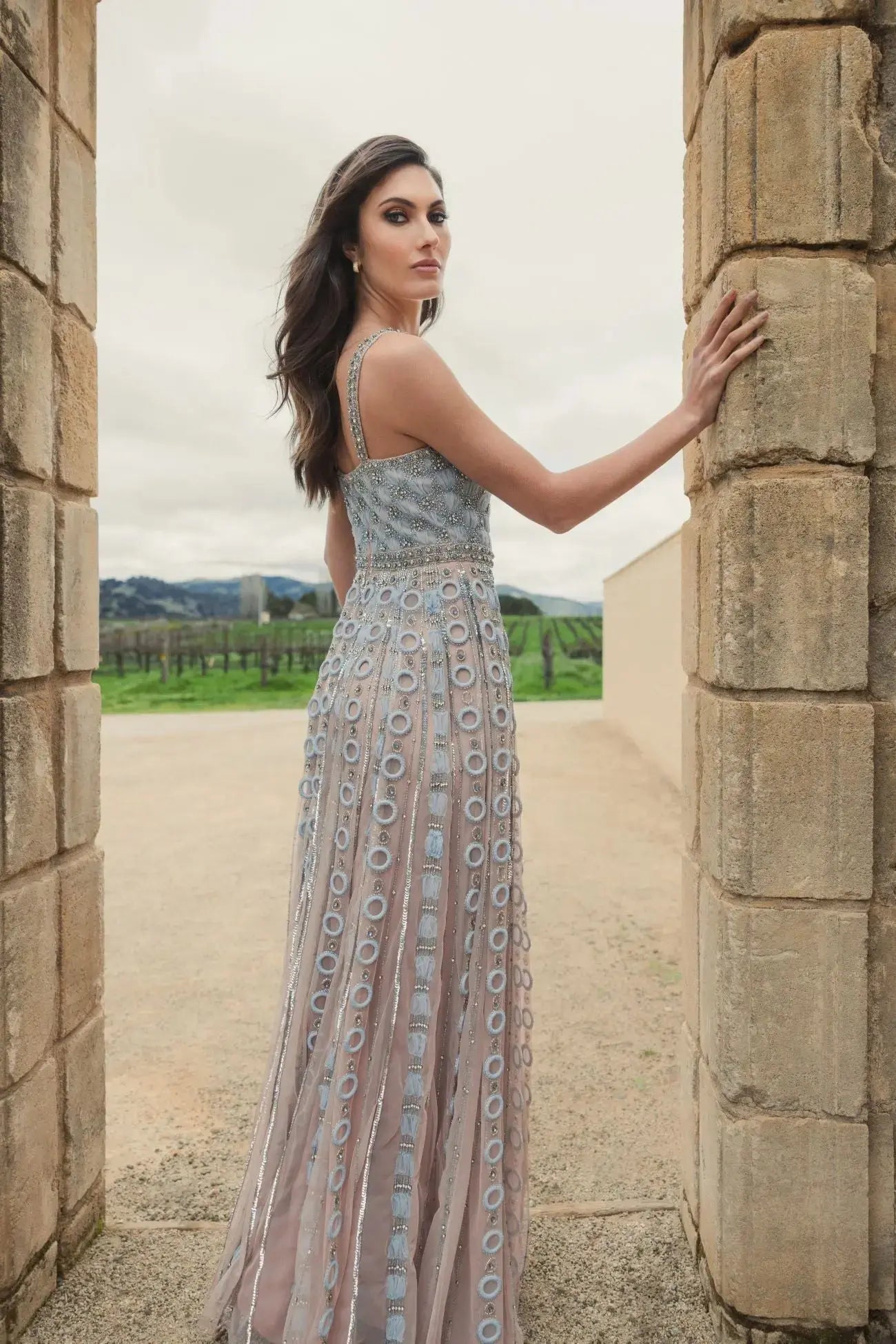 Light Blue Sleeveless Embellished A-line Gown - Image 9