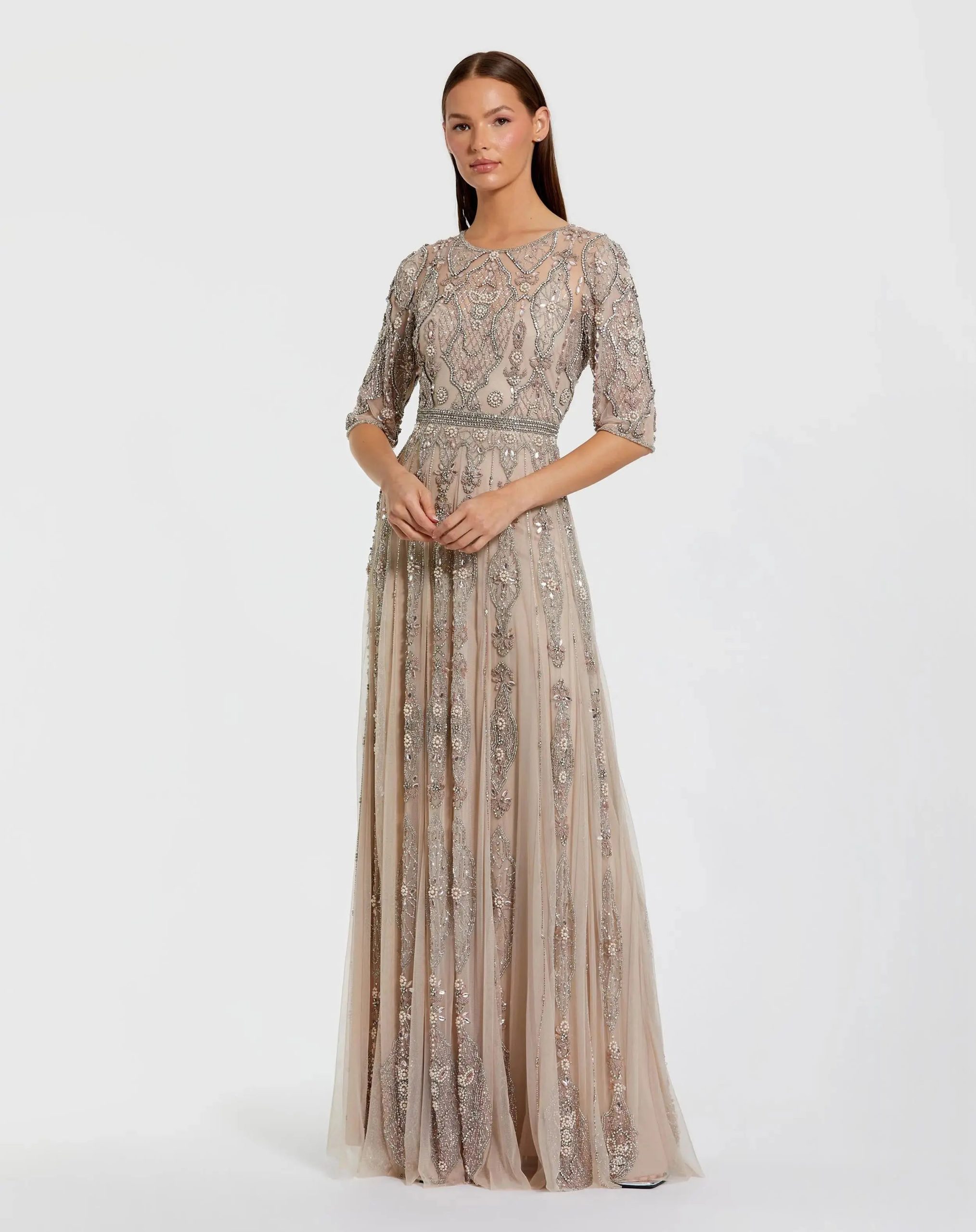 Beige 3/4 Sleeve Embellished A-line Gown - Image 4