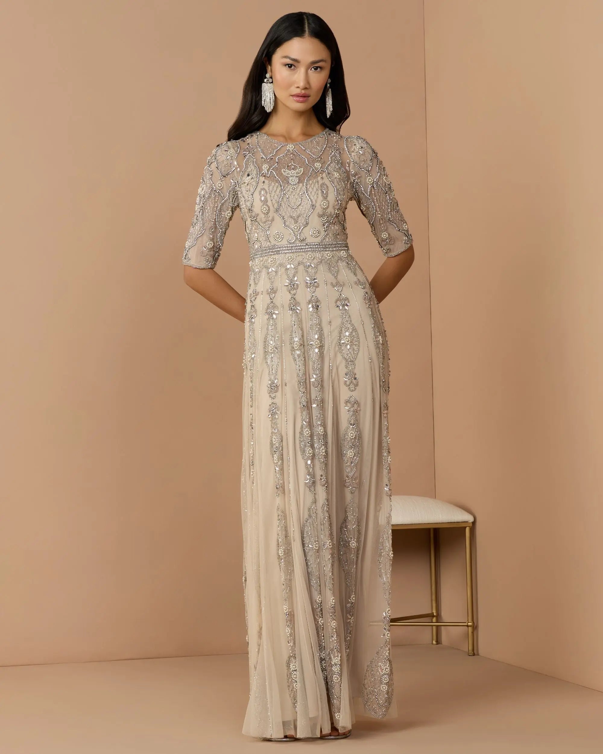 Beige 3/4 Sleeve Embellished A-line Gown - Image 3