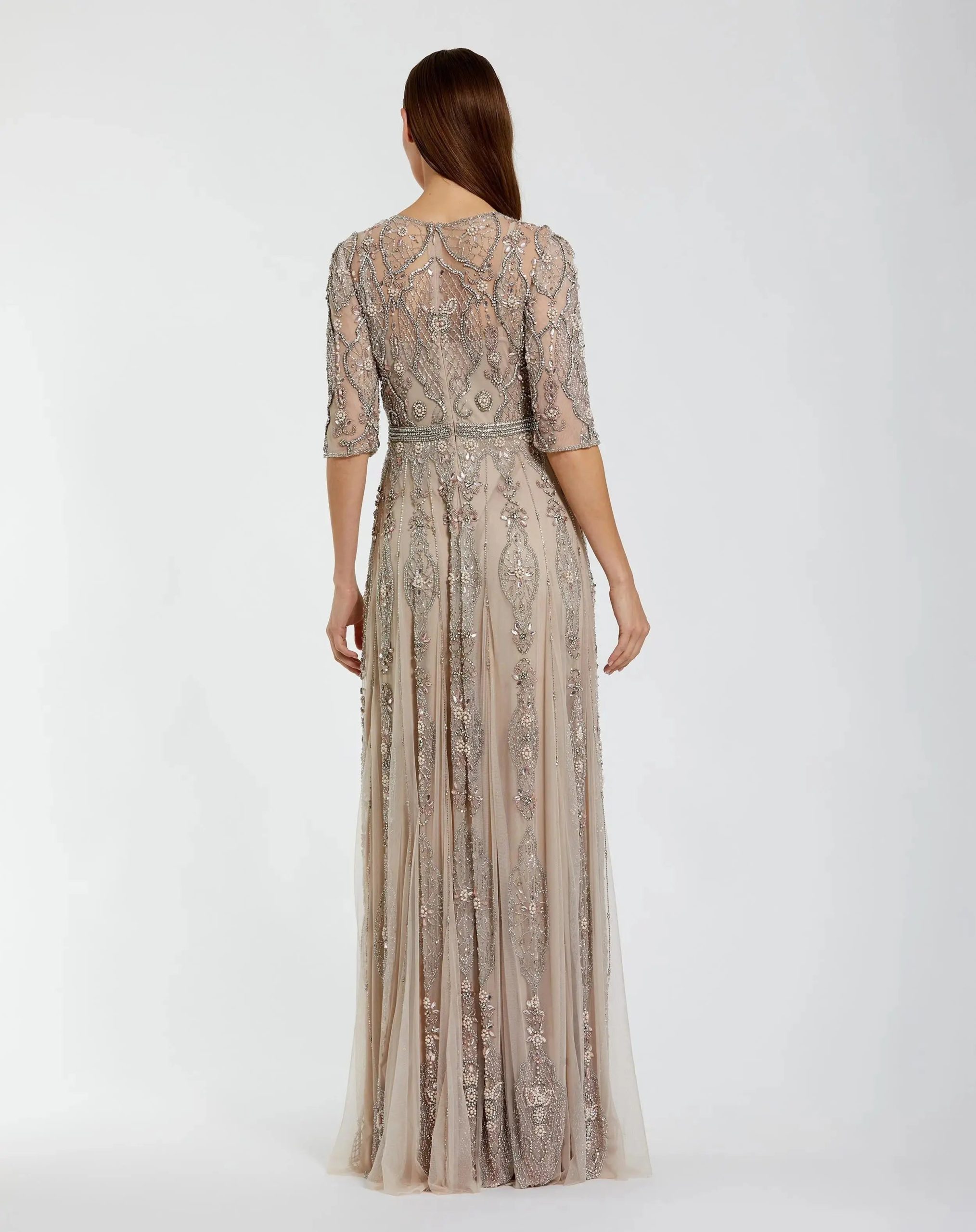 Beige 3/4 Sleeve Embellished A-line Gown - Image 6