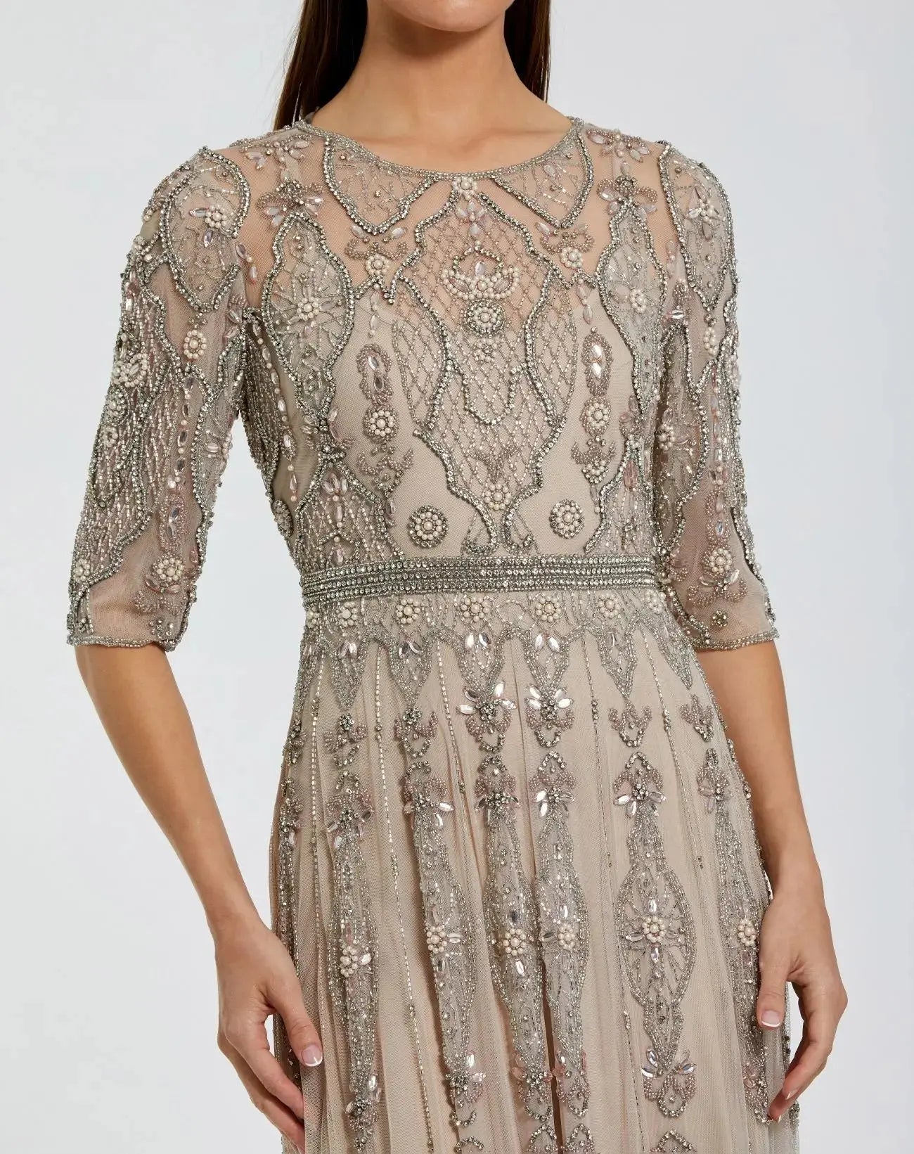 Beige 3/4 Sleeve Embellished A-line Gown - Image 5