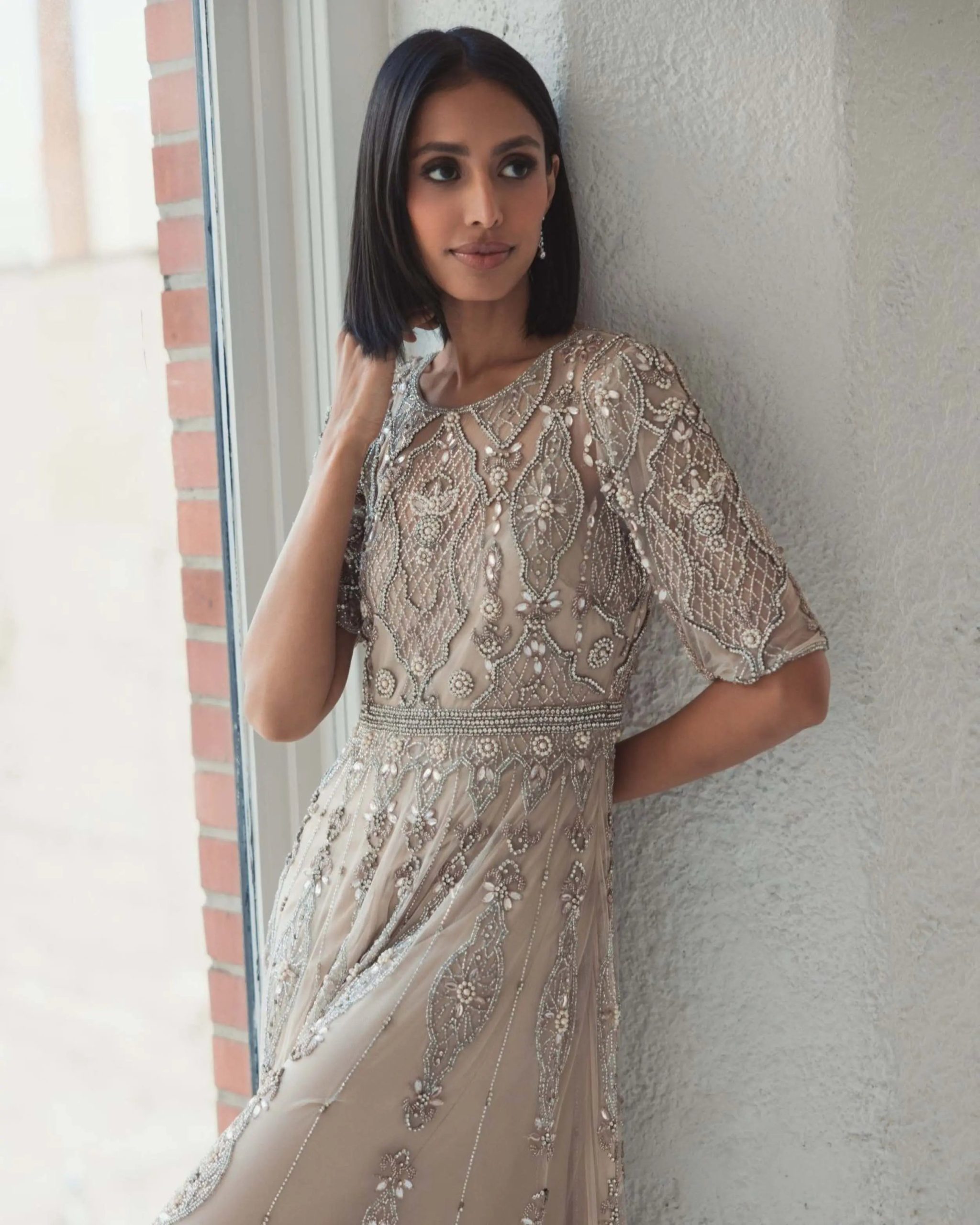 Beige 3/4 Sleeve Embellished A-line Gown - Image 9