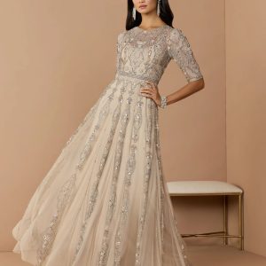 Beige 3/4 Sleeve Embellished A-line Gown