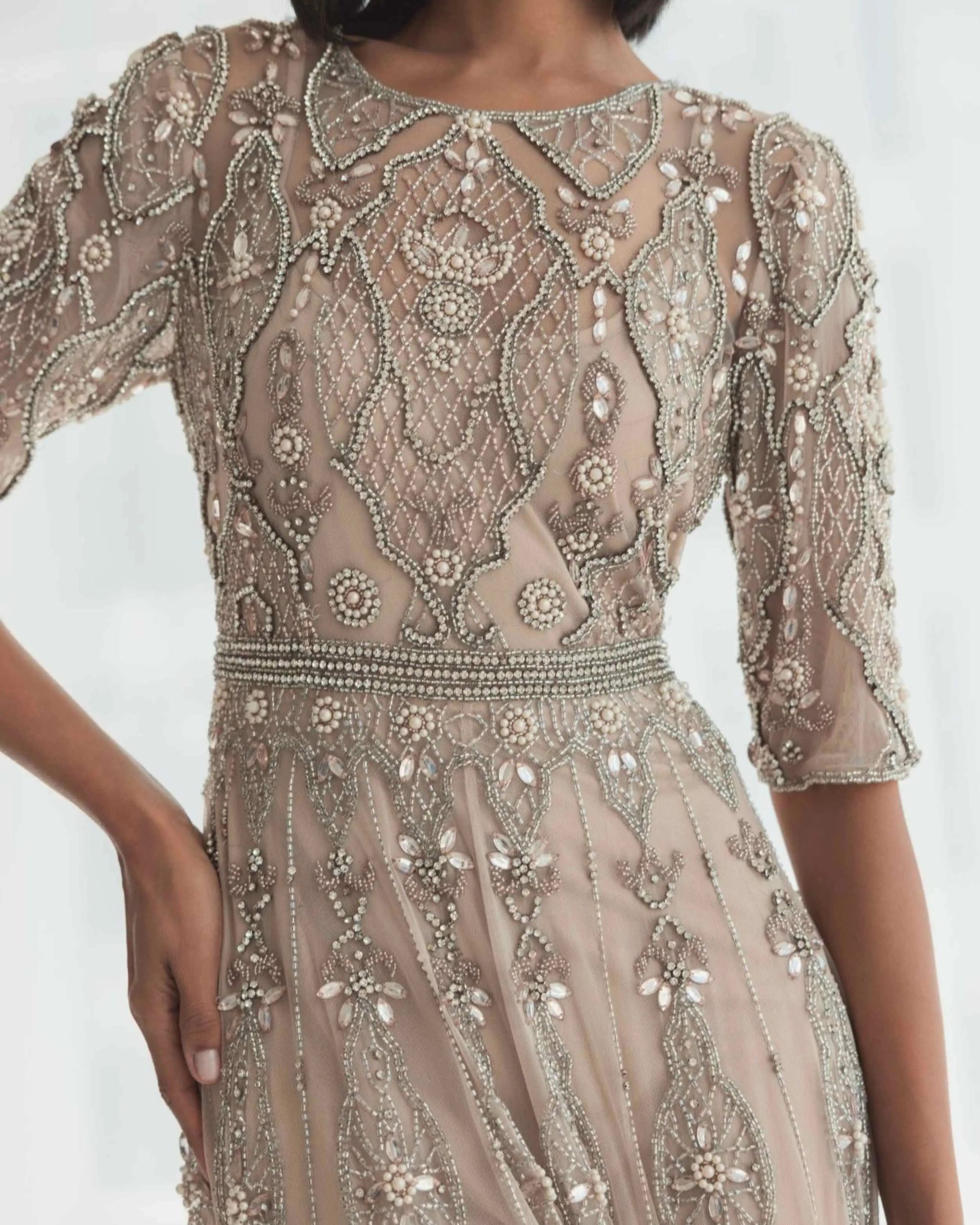Beige 3/4 Sleeve Embellished A-line Gown - Image 8