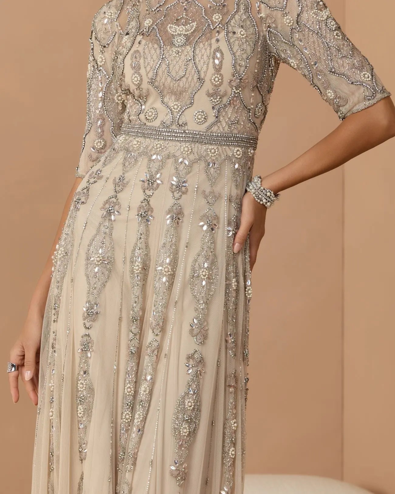 Beige 3/4 Sleeve Embellished A-line Gown - Image 2