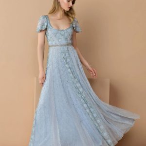 Blue Short Sleeve Scoop Neck Embellished Gown