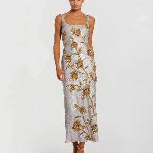 Silver Sleeveless Sequin Dress With Gold Floral Detail