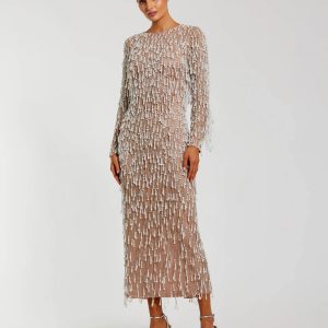 Beige Long Sleeve Midi Dress With Embellished Fringe