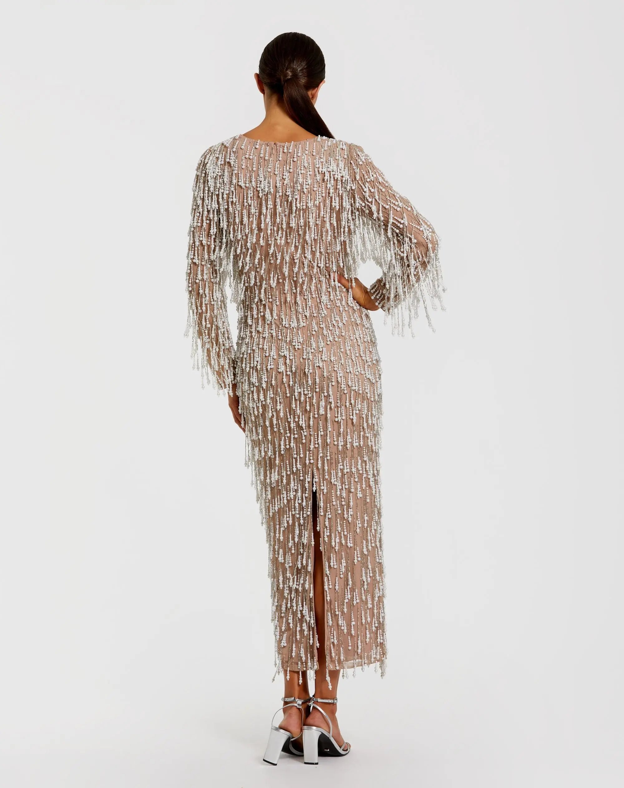 Beige Long Sleeve Midi Dress With Embellished Fringe - Image 3